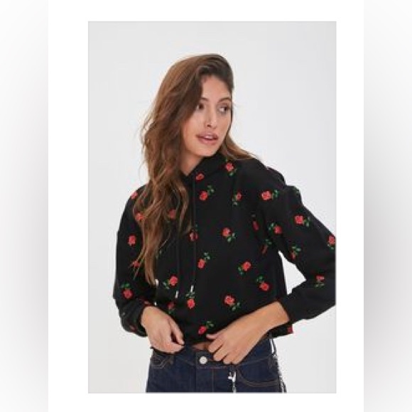 Forever 21 Sweaters - Forever 21 rose print raw cut hoodie